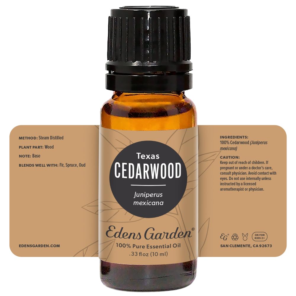 Packaging and bottle of Edens Garden Cedarwood Texas oil 10 ml
