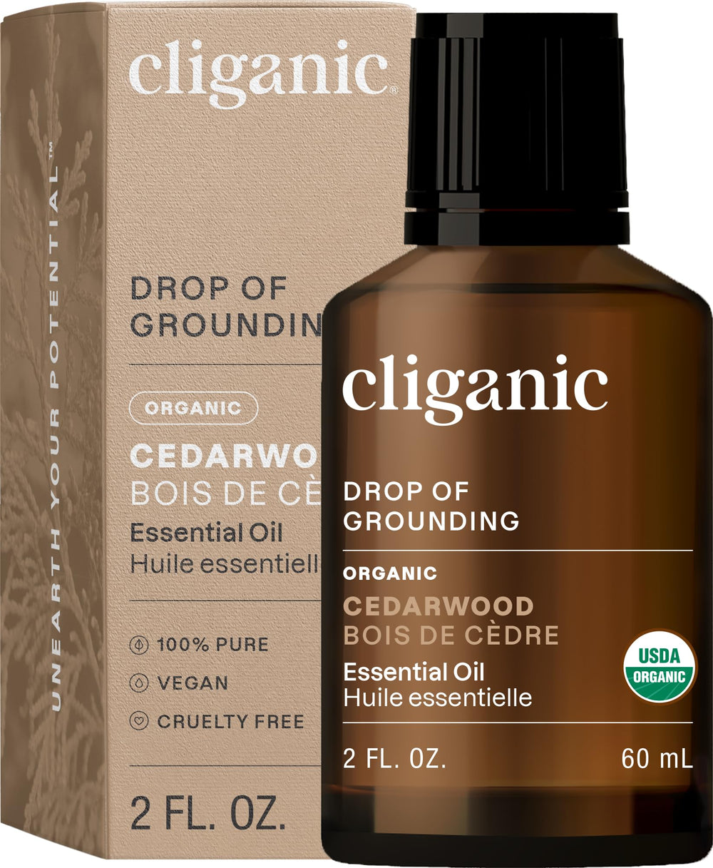 Cedarwood essential oil bottle with label