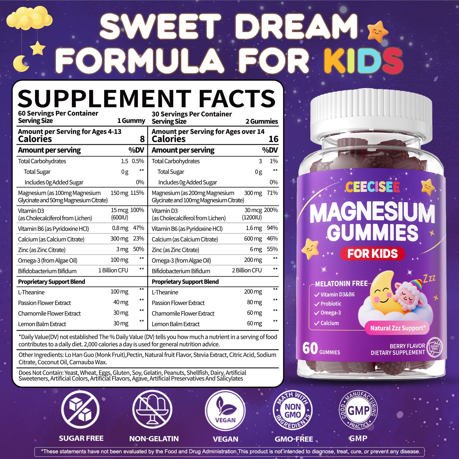Close-up of ingredients including magnesium glycinate and citrate with vitamins B6 and D3