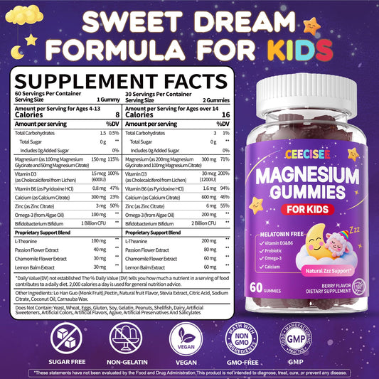 Close-up of ingredients including magnesium glycinate and citrate with vitamins B6 and D3
