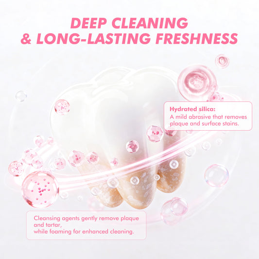 Close-up of toothpaste gel with pink cleansing specks