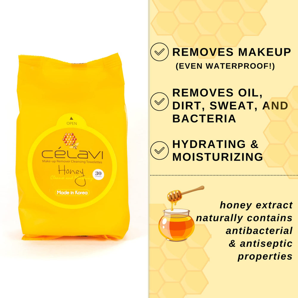 Celavi Honey wipes on face close-up illustrating makeup removal