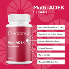 Bottle label of Celebrate Vitamins Multi ADEK Iron Free (60 capsules)