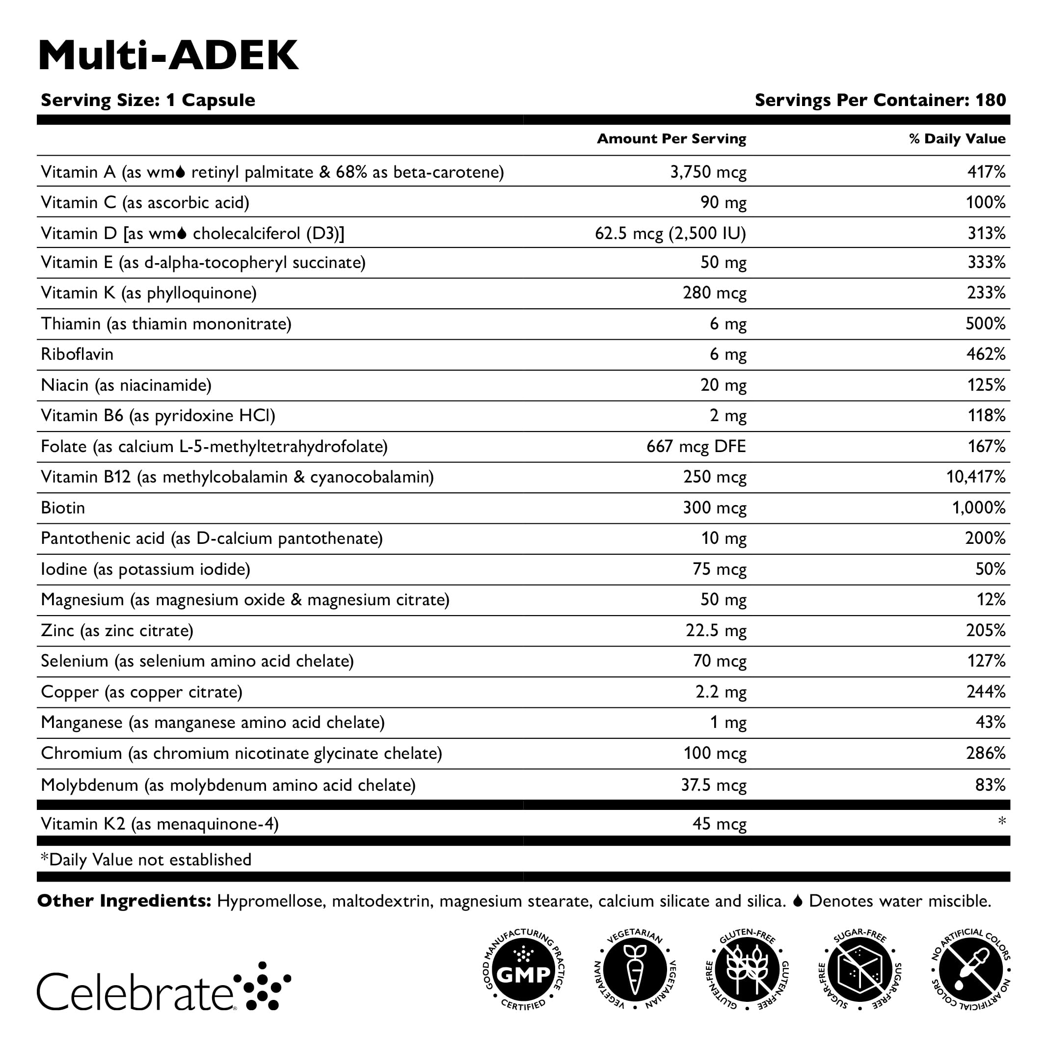 Close-up of ADEK and minerals highlight on Celebrate Vitamins bottle