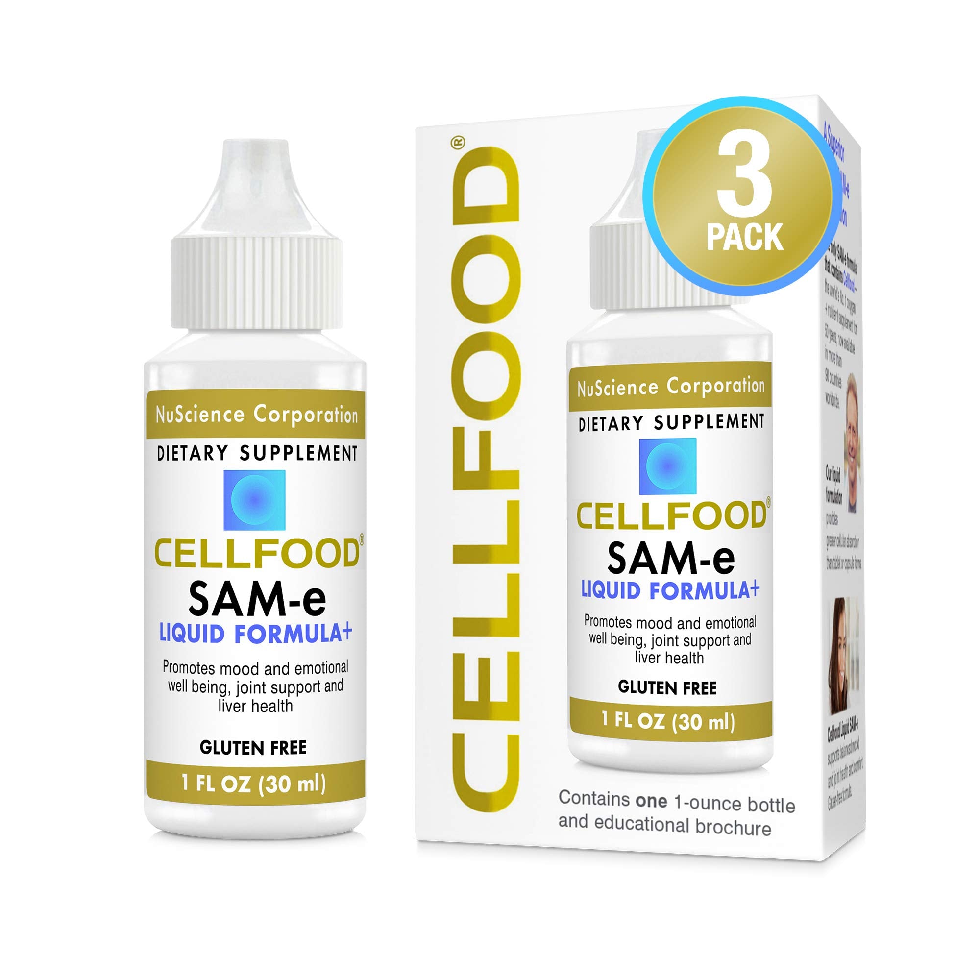 Front view of Cellfood SAM-e liquid formula bottle (1 fl oz) in Pack of 3