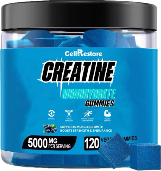 CellRestore Creatine Monohydrate Gummies blueberry flavor bottle with 120 count