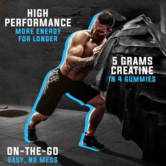 Serving illustration showing 4 gummies equal 5g of creatine monohydrate