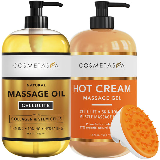 Cellulite massage oil, gel, and mitt bundle – full product setup