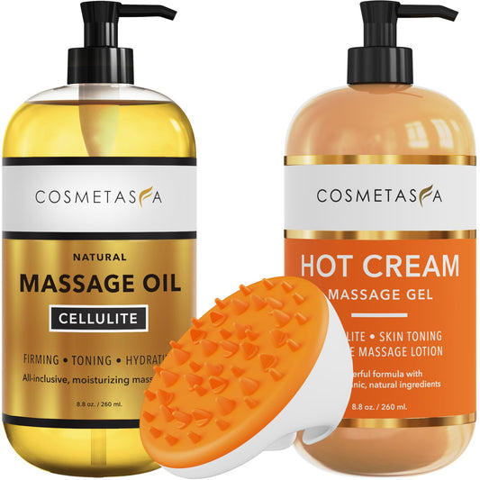 Cellulite massage oil bottle with gel and mitt