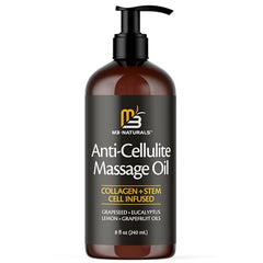 Close-up of cellulite reducer oil bottle showing label.