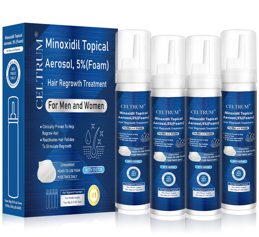 Celtrum 5% Minoxidil Foam bottle ready for scalp application and growth support.