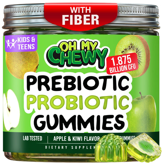 Center-filled kids probiotic gummy with crisp apple exterior and kiwi center