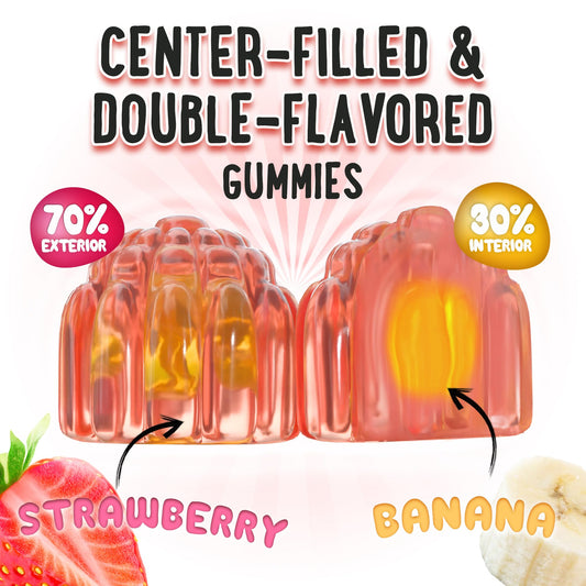 Close-up of center-filled gummies showing dual flavors.
