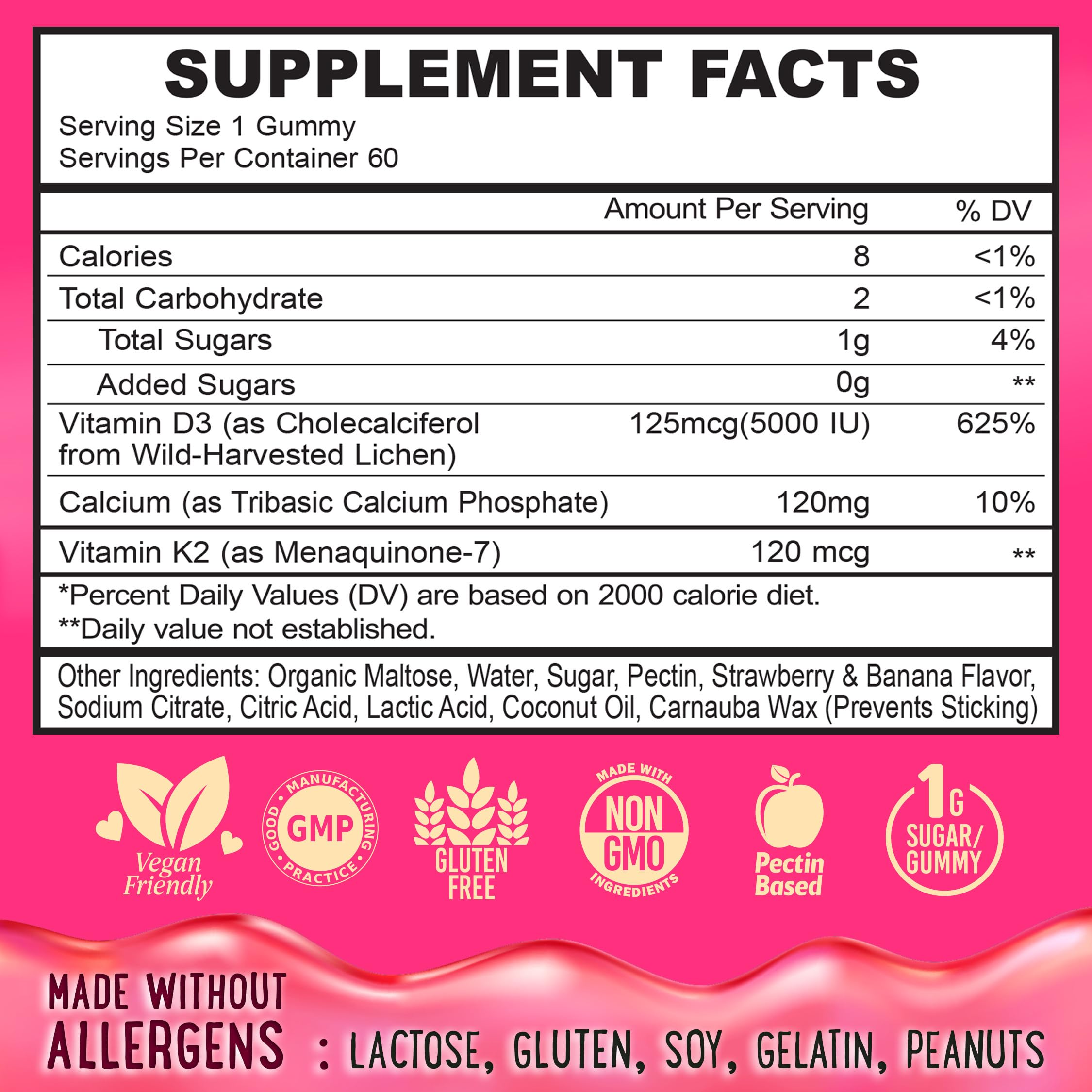 Nutrition panel showing D3, K2 and calcium content for Center-Filled Gummies
