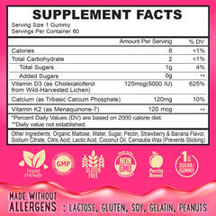 Nutrition panel showing D3, K2 and calcium content for Center-Filled Gummies