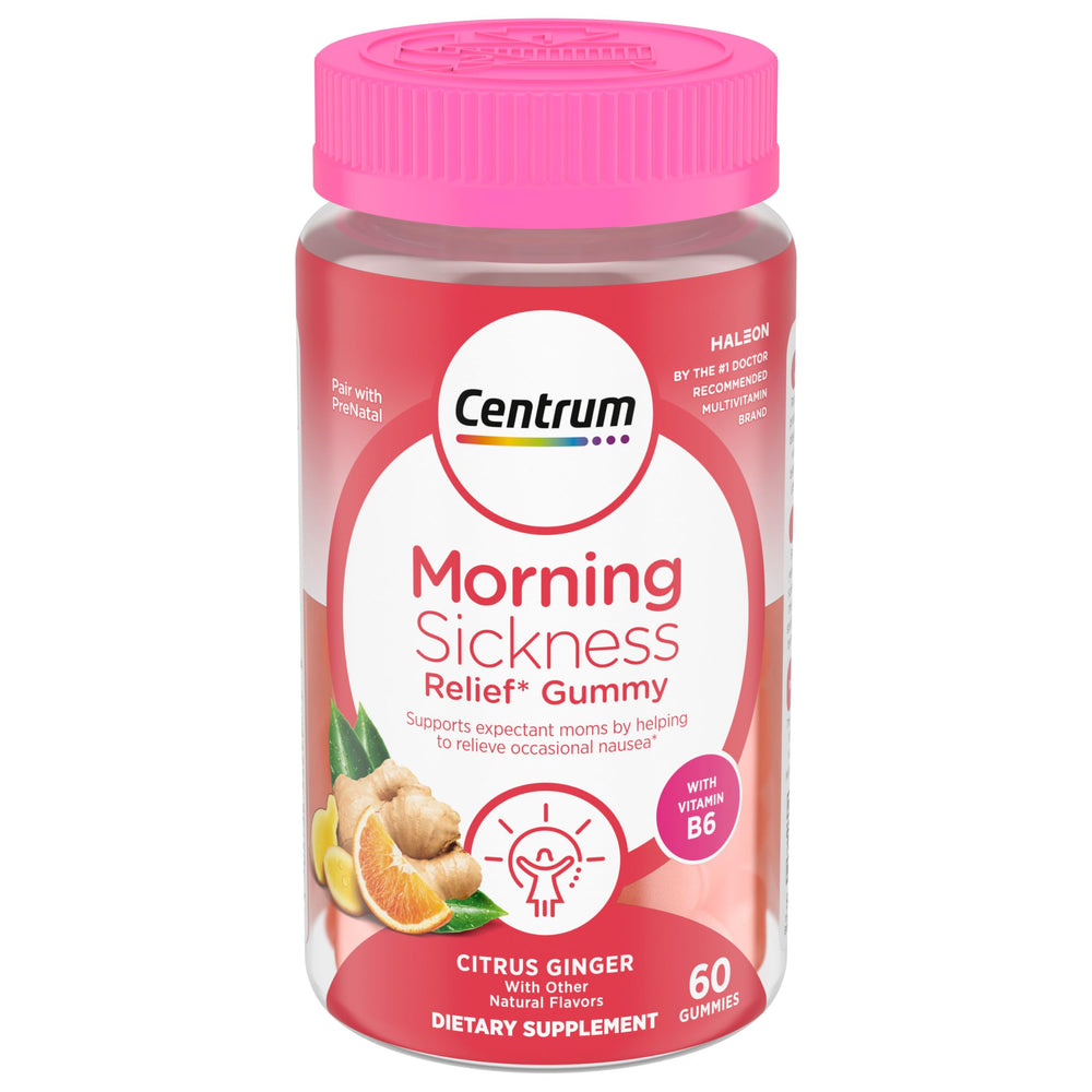Centrum Morning Sickness Relief Gummies bottle showcases citrus ginger flavor for on-the-go nausea support