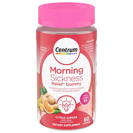 Centrum Morning Sickness Relief Gummies bottle showcases citrus ginger flavor for on-the-go nausea support