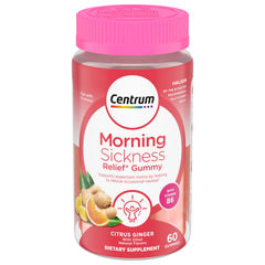 Centrum Morning Sickness Relief Gummies bottle showcases citrus ginger flavor for on-the-go nausea support
