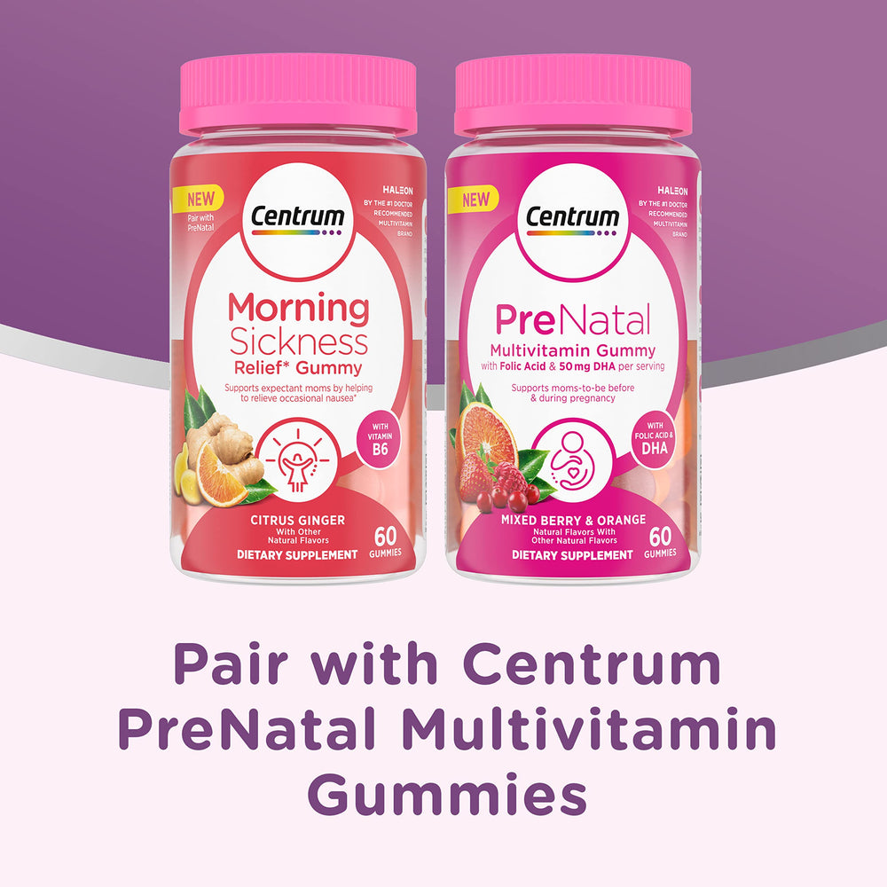 Centrum Morning Sickness Relief Gummies ingredient list image emphasizes vitamin B6 support