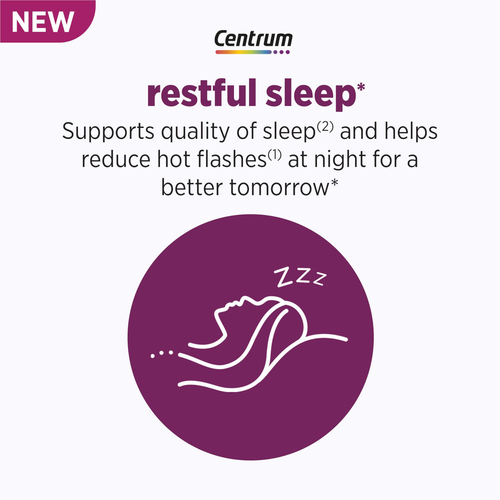 Centrum Restful Sleep DailyZz bottle highlights improved sleep quality and focus.