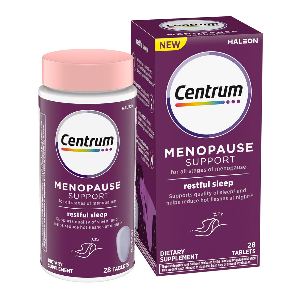 Centrum Restful Sleep bottle with tablets supports menopause sleep quality.