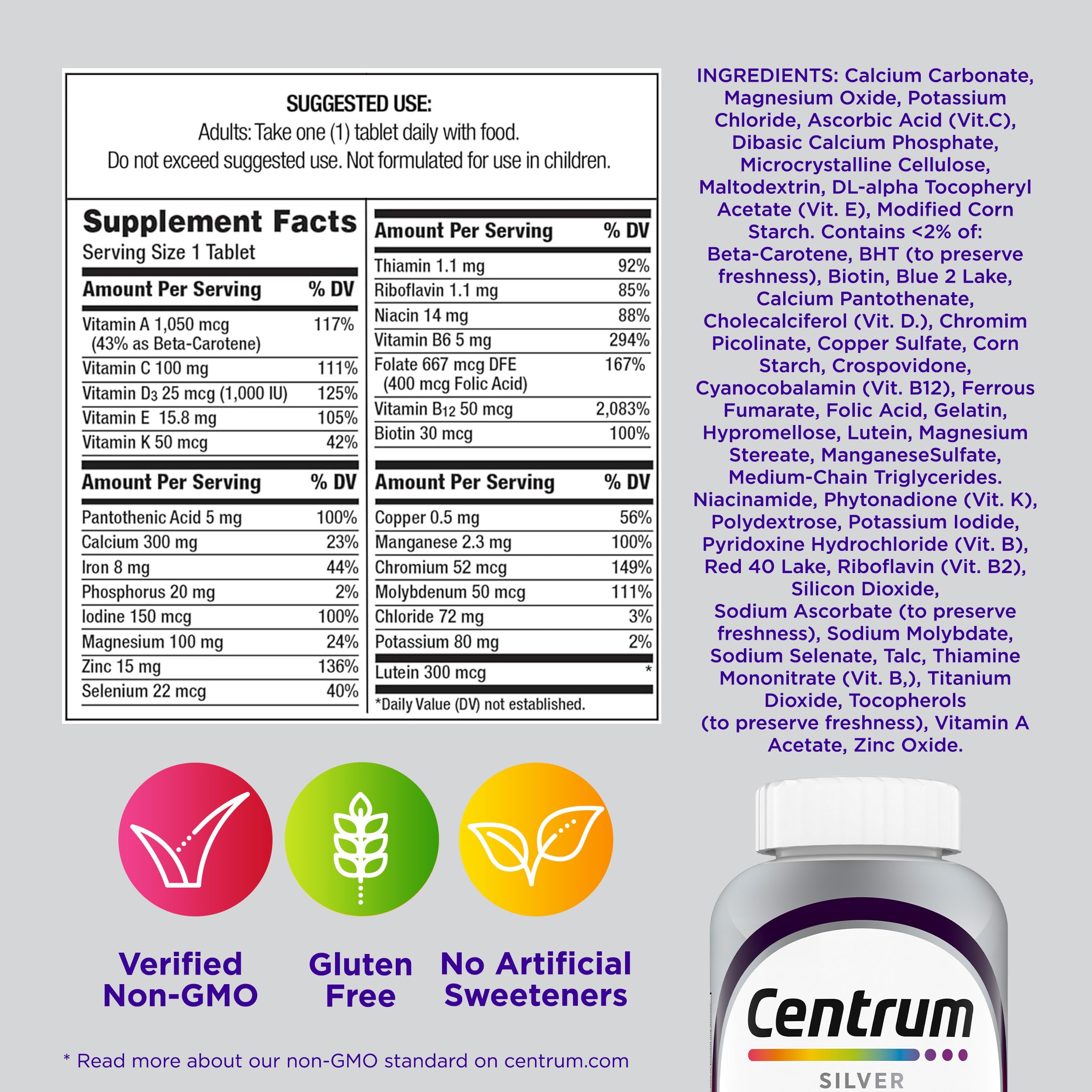 Non-GMO and gluten-free labeling on bottle