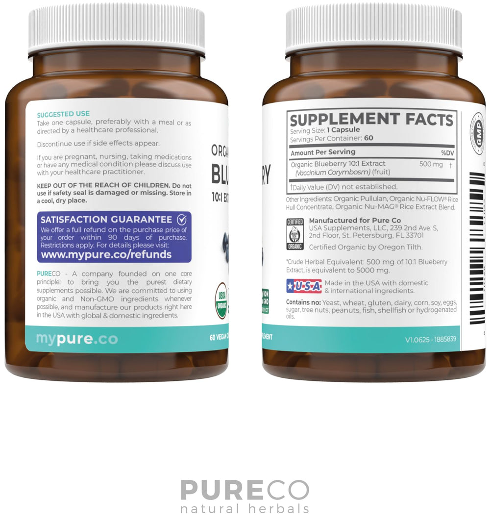 Side view of certified organic blueberry extract capsules bottle