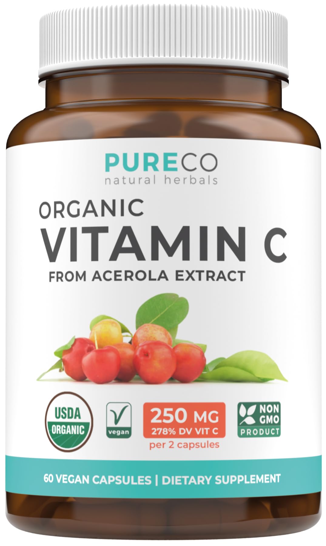 Hero image: Certified organic acerola vitamin C capsules for immune support, 1 month supply