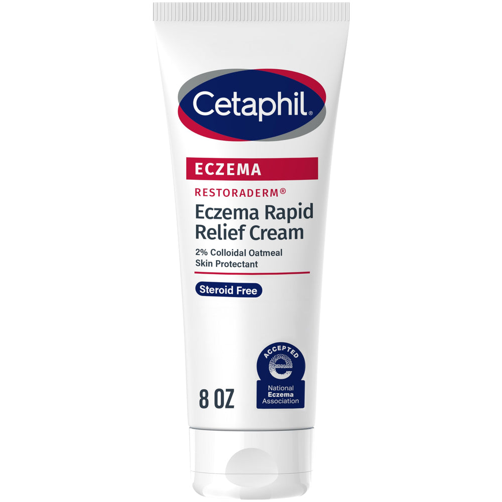 Cetaphil Restoraderm cream bottle supports barrier for eczema-prone skin.
