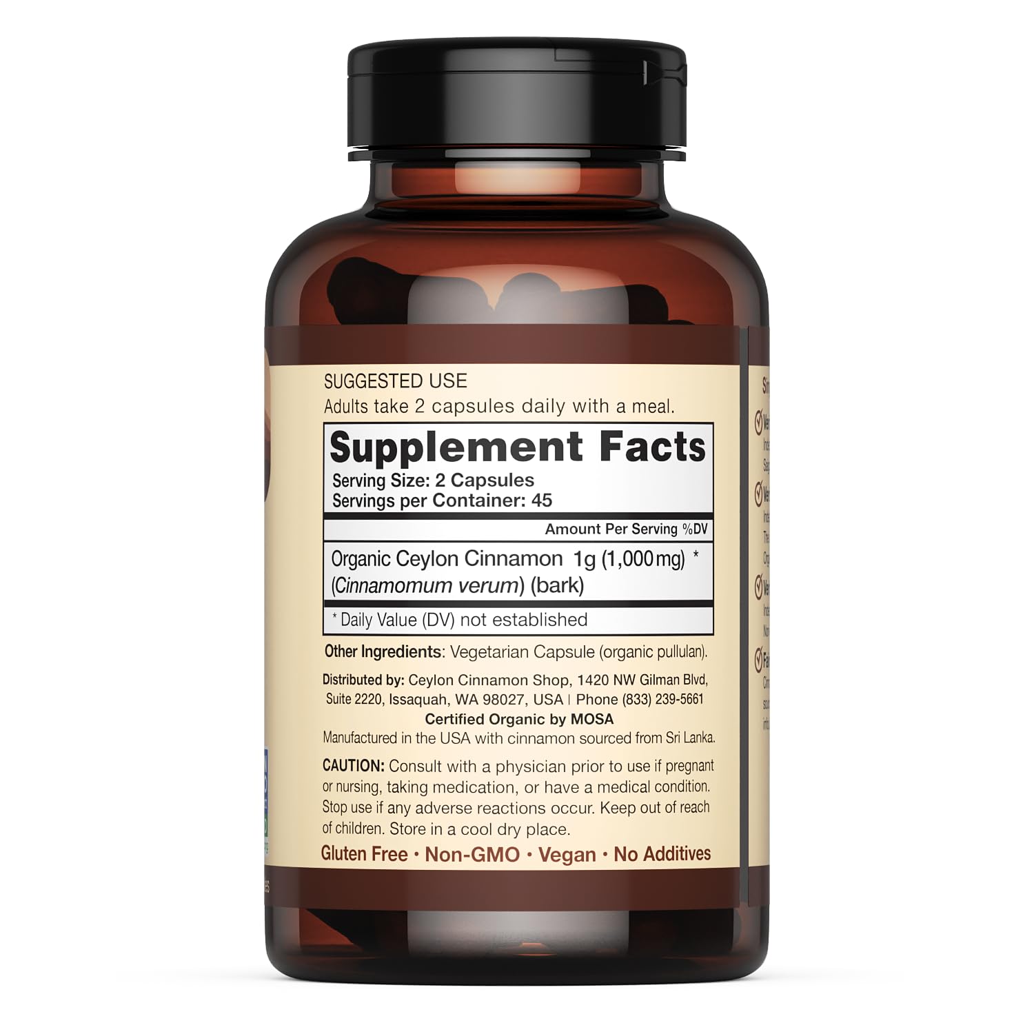 Close up of label showing 100 percent Ceylon cinnamon and Purity-IQ certification