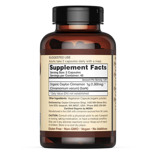 Close up of label showing 100 percent Ceylon cinnamon and Purity-IQ certification