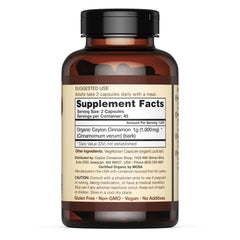 Close up of label showing 100 percent Ceylon cinnamon and Purity-IQ certification