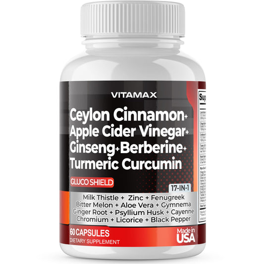 Vitamax Gluco Health Support bottle with Ceylon Cinnamon and Apple Cider Vinegar ingredients