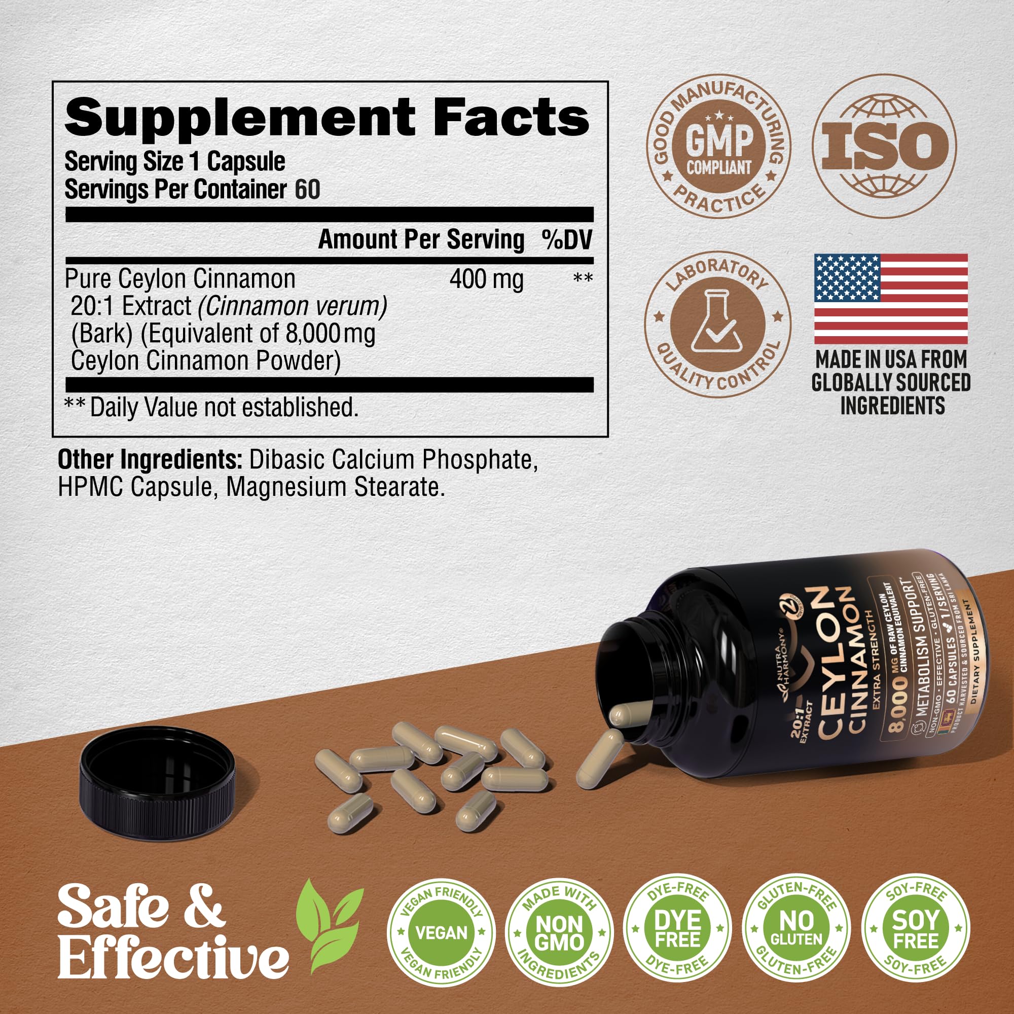 Ceylon Cinnamon capsules highlighting GMO-free and gluten-free notes