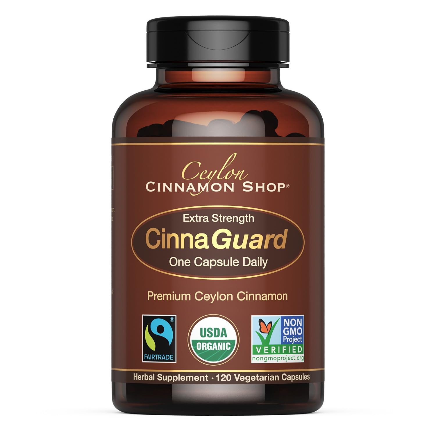 Front view of CinnaGuard Organic Ceylon Cinnamon bottle