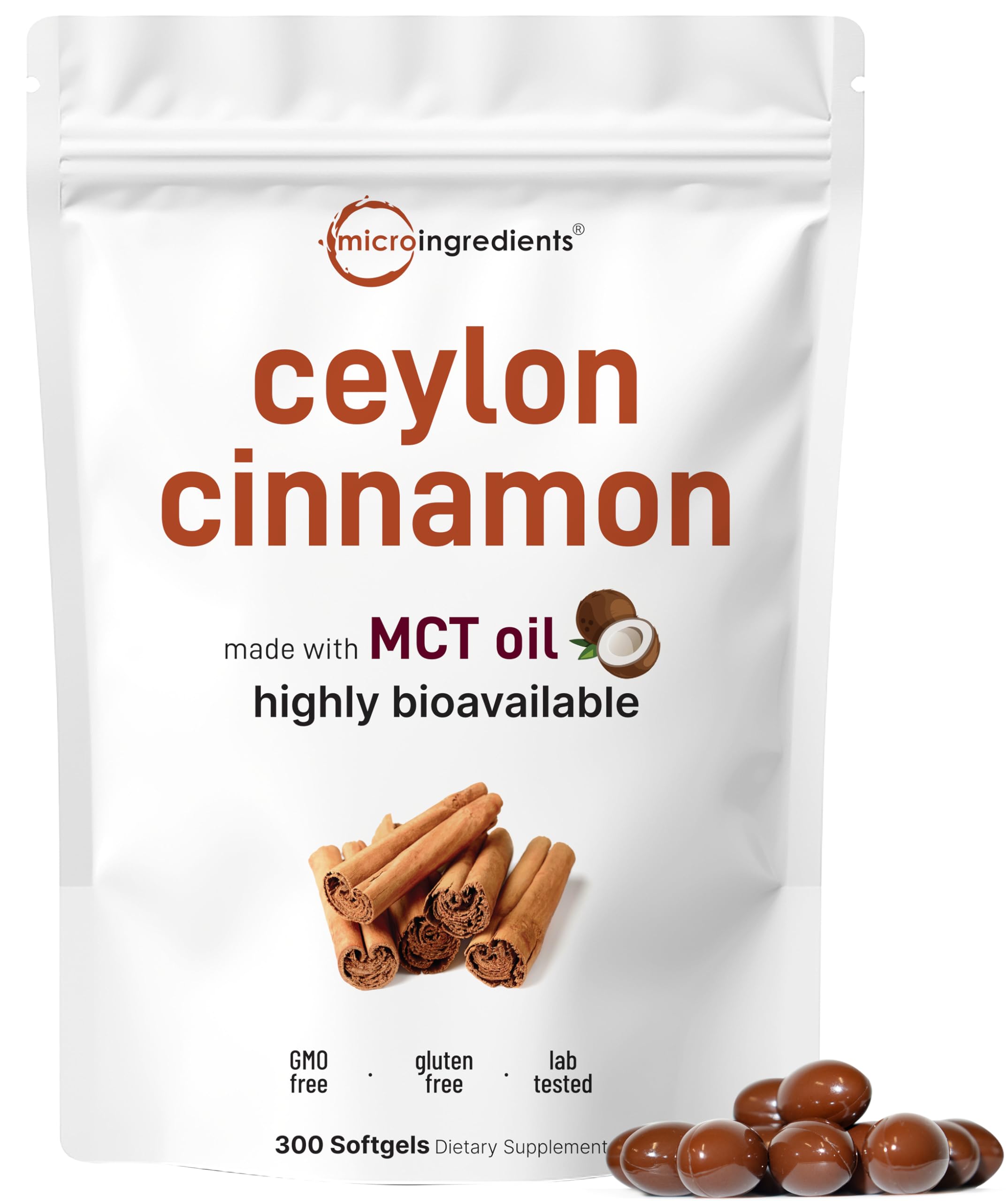 Front bottle of Micro Ingredients Ceylon Cinnamon softgels with MCT oil