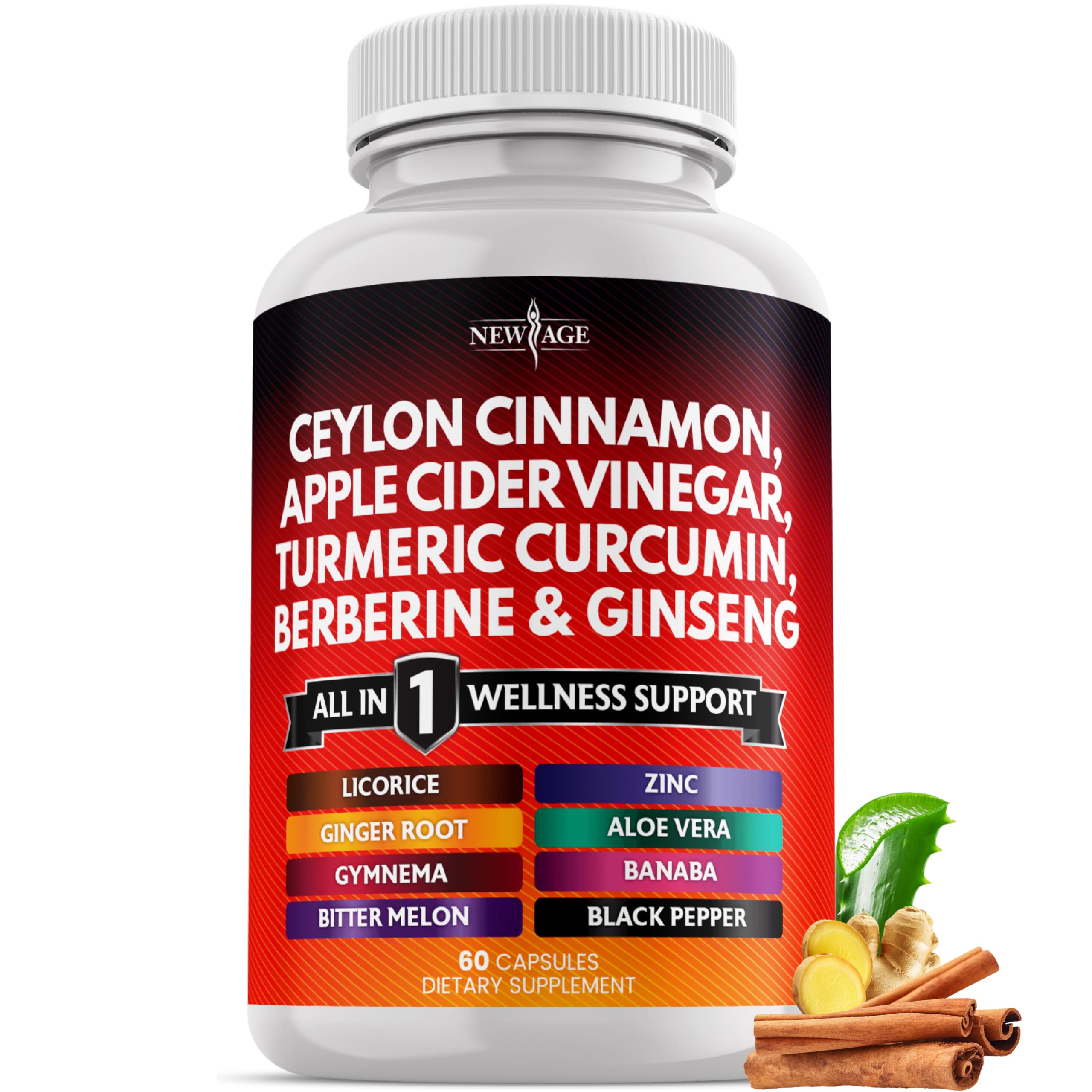 60-count bottle of all-in-one Cinnamon, Turmeric, ACV, Ginseng, Berberine, Banaba, Ginger and Aloe Vera capsules