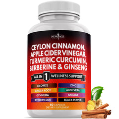 60-count bottle of all-in-one Cinnamon, Turmeric, ACV, Ginseng, Berberine, Banaba, Ginger and Aloe Vera capsules