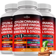 Product bottle labeled Ceylon Cinnamon Turmeric Apple Cider Vinegar Berberine Banaba Ginger Root 180 Count