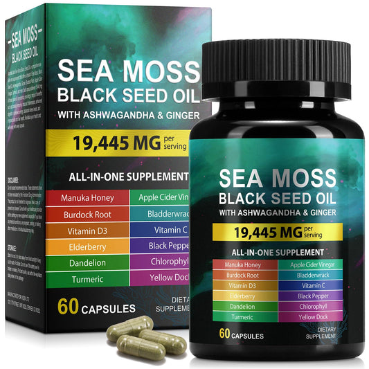 CFXYHNOX Sea Moss & Black Seed Oil Capsules with Ashwagandha bottle front view