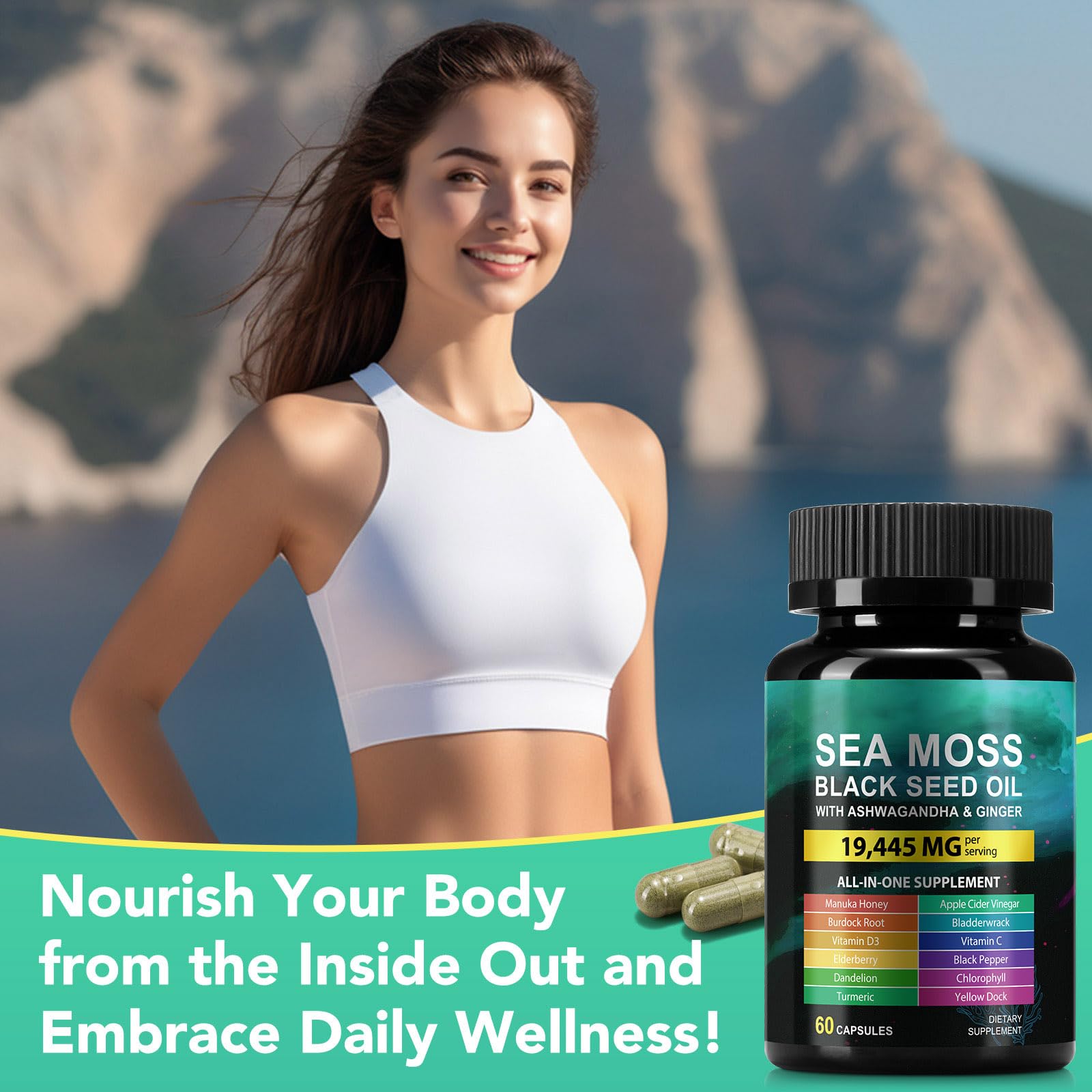 60-count bottle label for CFXYHNOX Sea Moss & Black Seed Oil Capsules