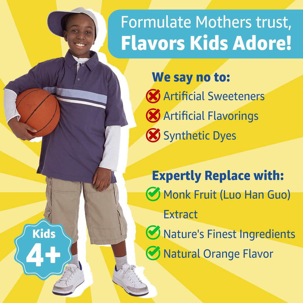 cGMP-certified, vegan, non-GMO kids supplement label