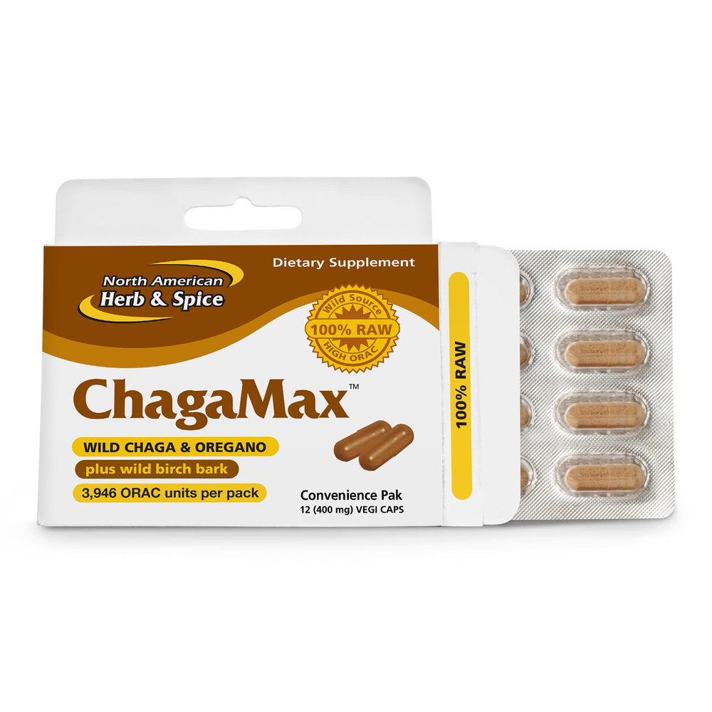 ChagaMax bottle with 12 Vegi Capsules by North American Herb & Spice