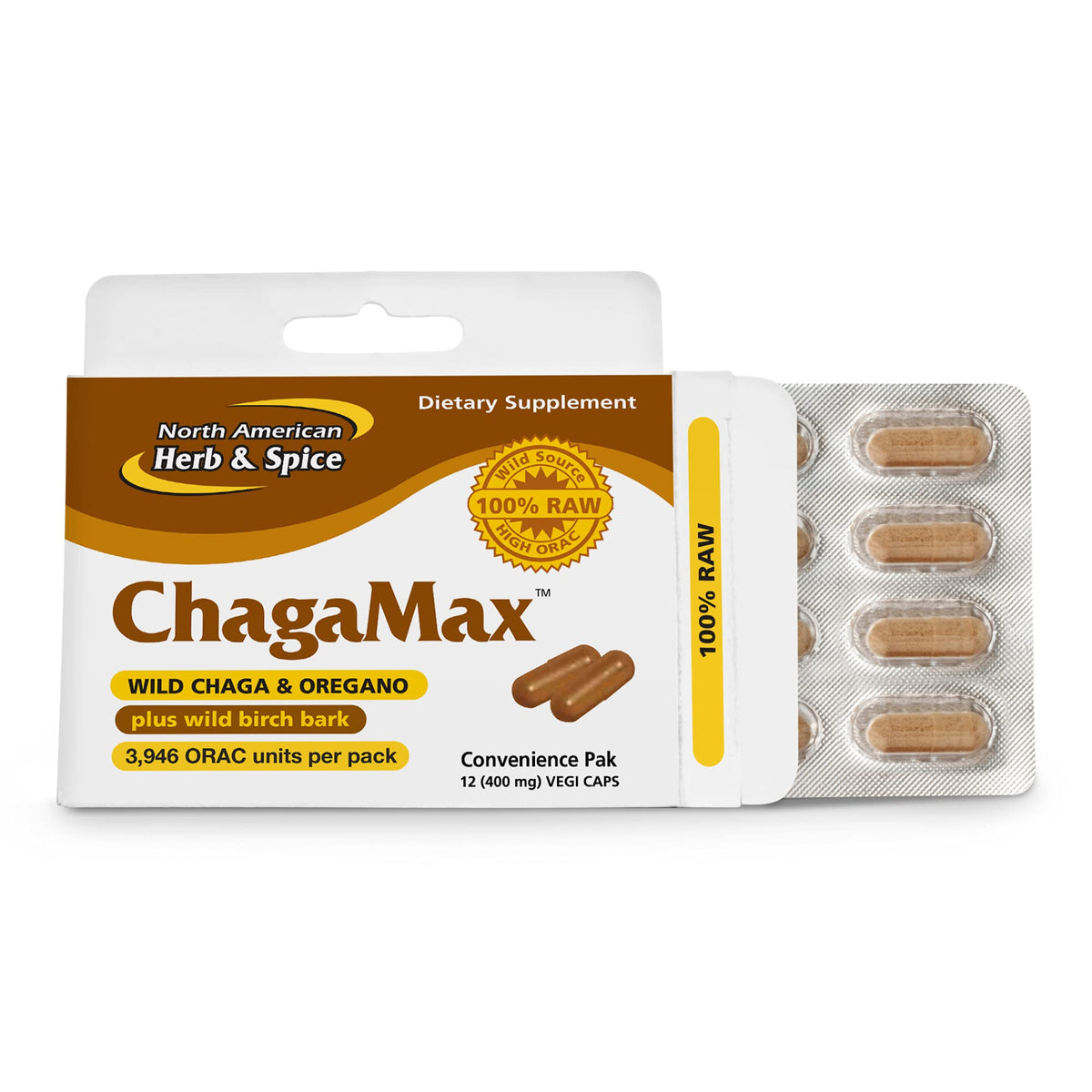 ChagaMax bottle with 12 Vegi Capsules by North American Herb & Spice