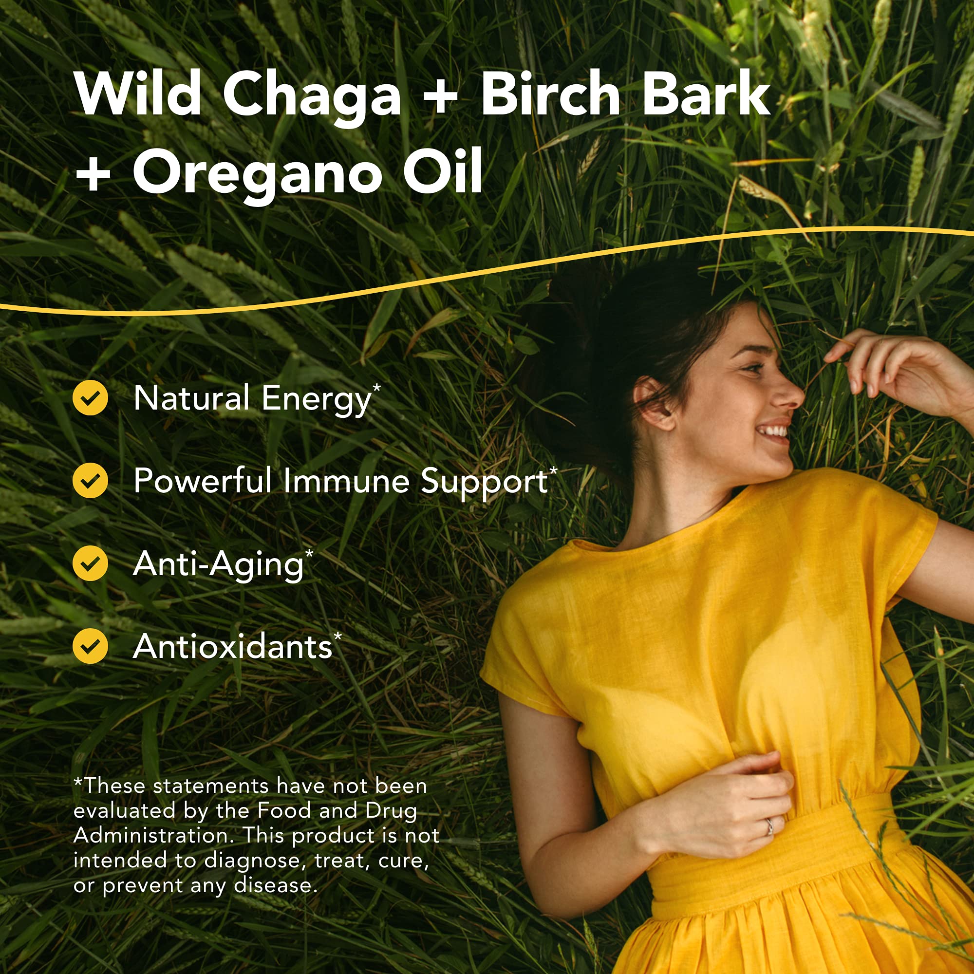 Container showing full ingredient list: chaga mushroom, oregano oil, and birch bark