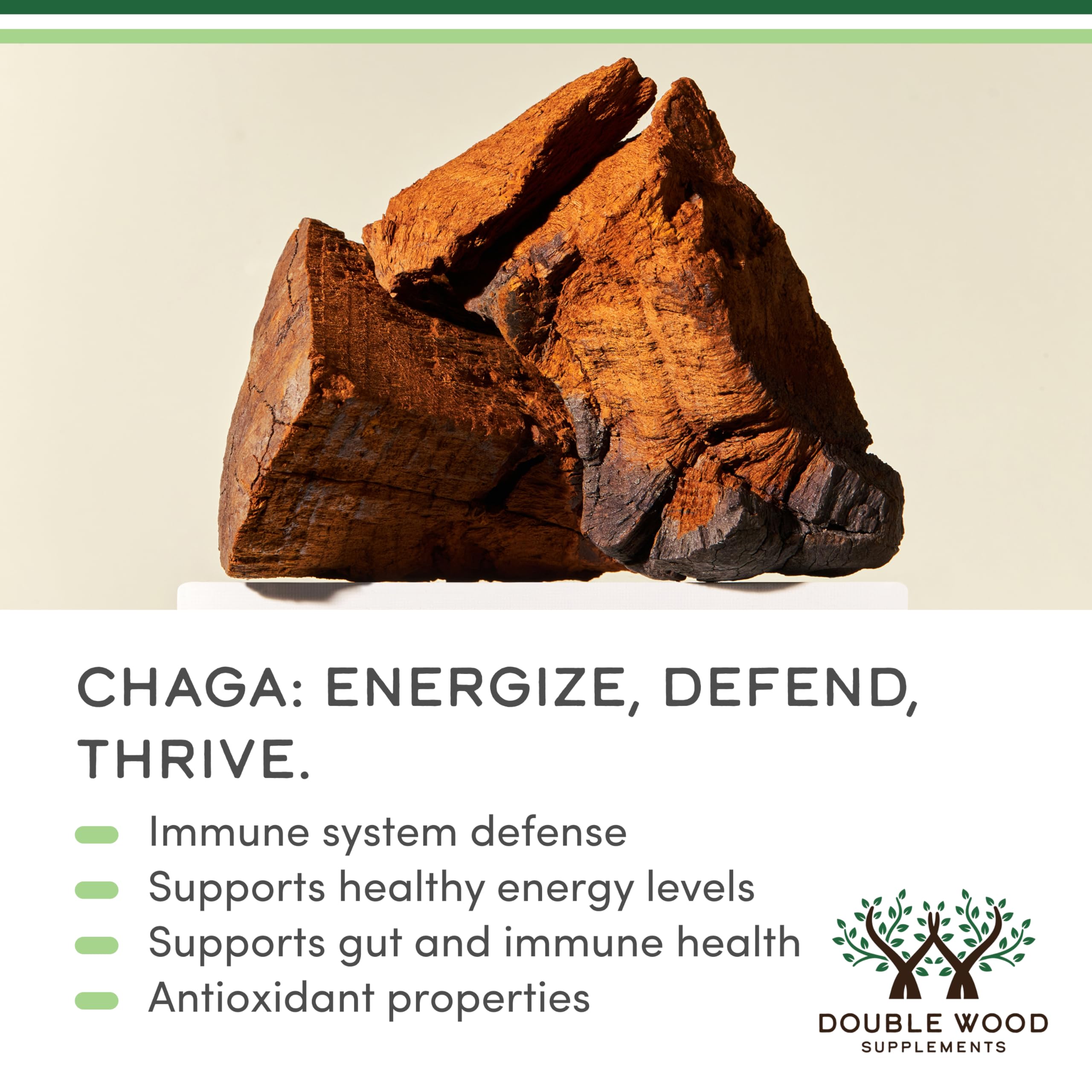 Chaga mushroom imagery with capsules on a wooden surface