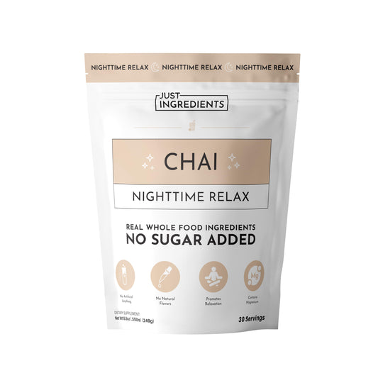 Chai Nighttime Relax drink mix tub with a scoop