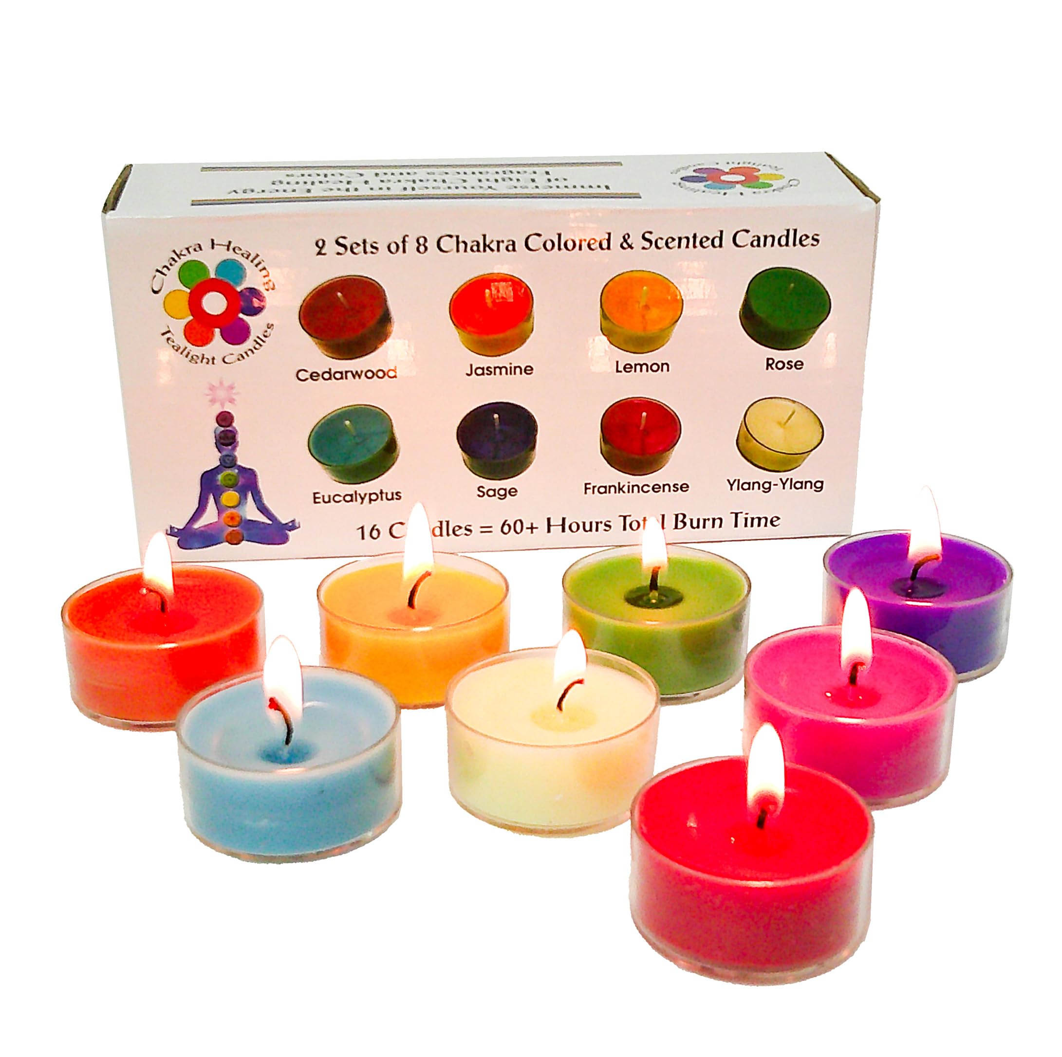Open box of Chakra Tealight Candles 16-piece set