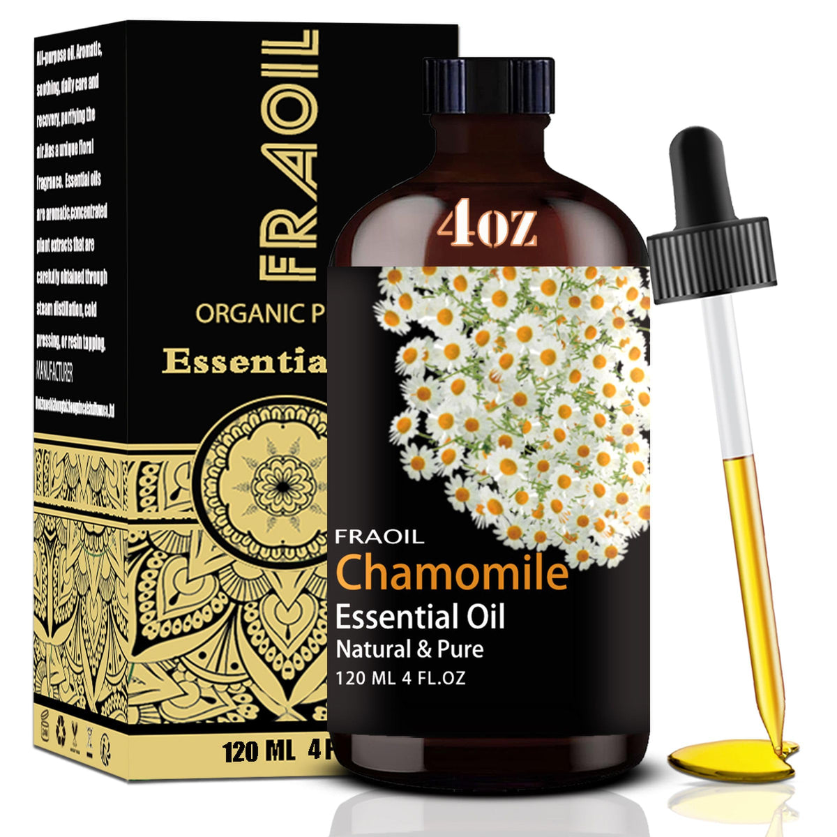 Amber glass bottle of Chamomile Essential Oil (4 oz / 120 ml).