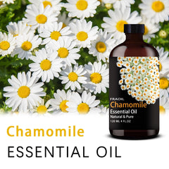 Chamomile essential oil with glass dropper in amber bottle.